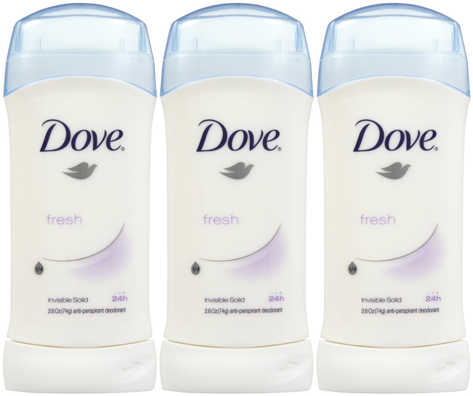 Dove Invisible Solid front packaging showing pack of three sticks and fresh scent benefit