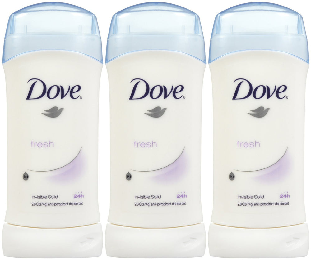 Dove Invisible Solid front packaging showing pack of three sticks and fresh scent benefit