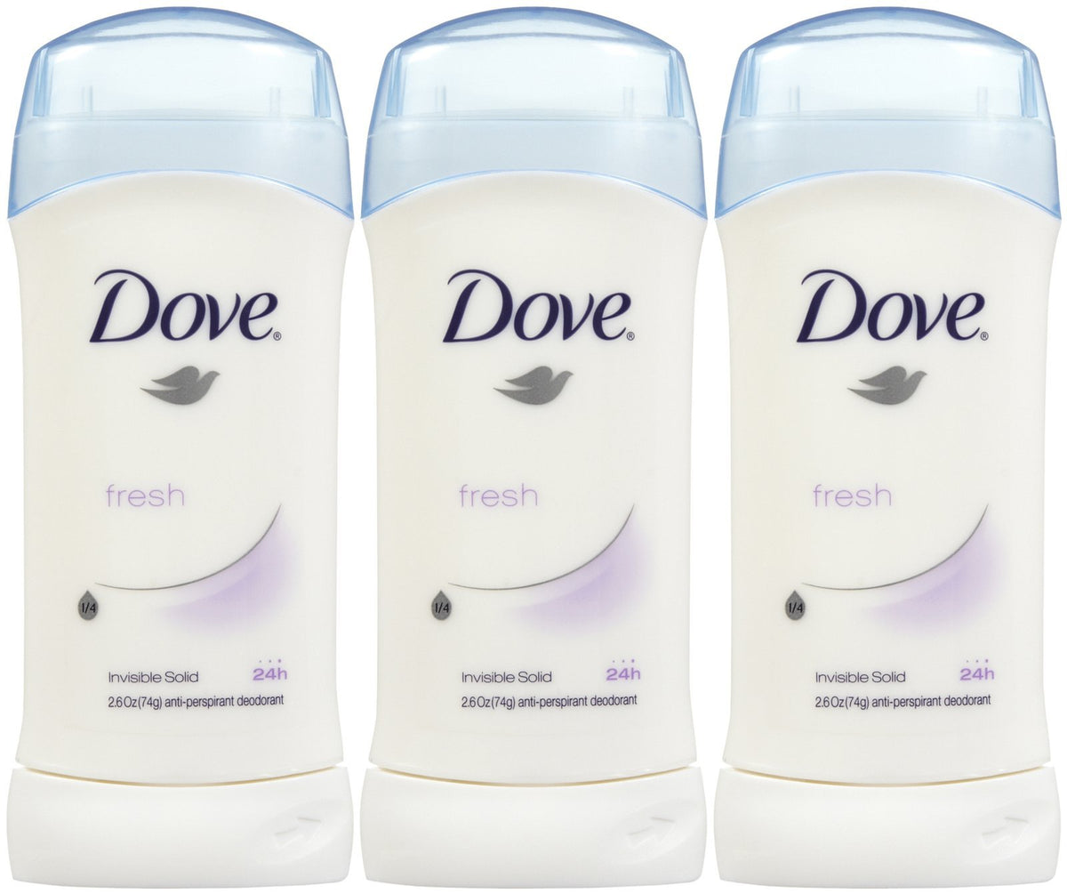 Dove Invisible Solid front packaging showing pack of three sticks and fresh scent benefit