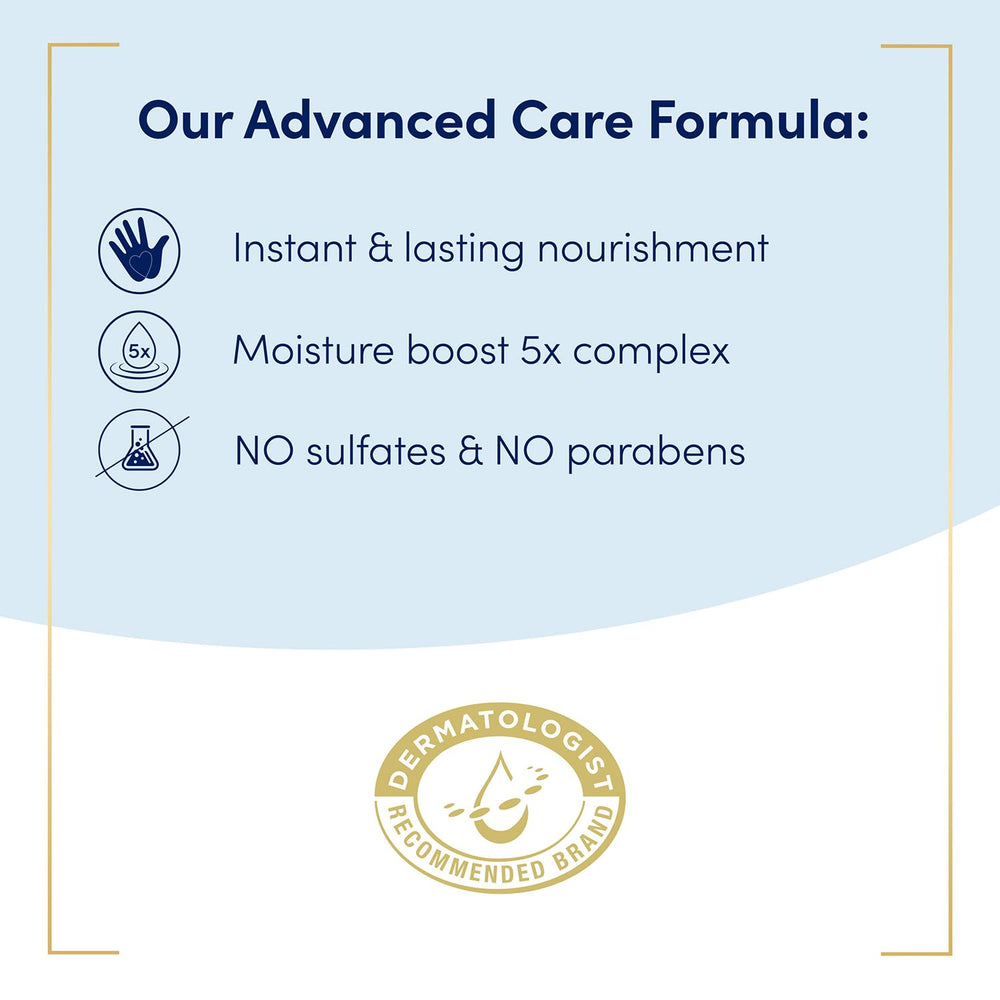 Label close-up on Dove bottle showing key Moisture Boost 5x ingredients and benefits