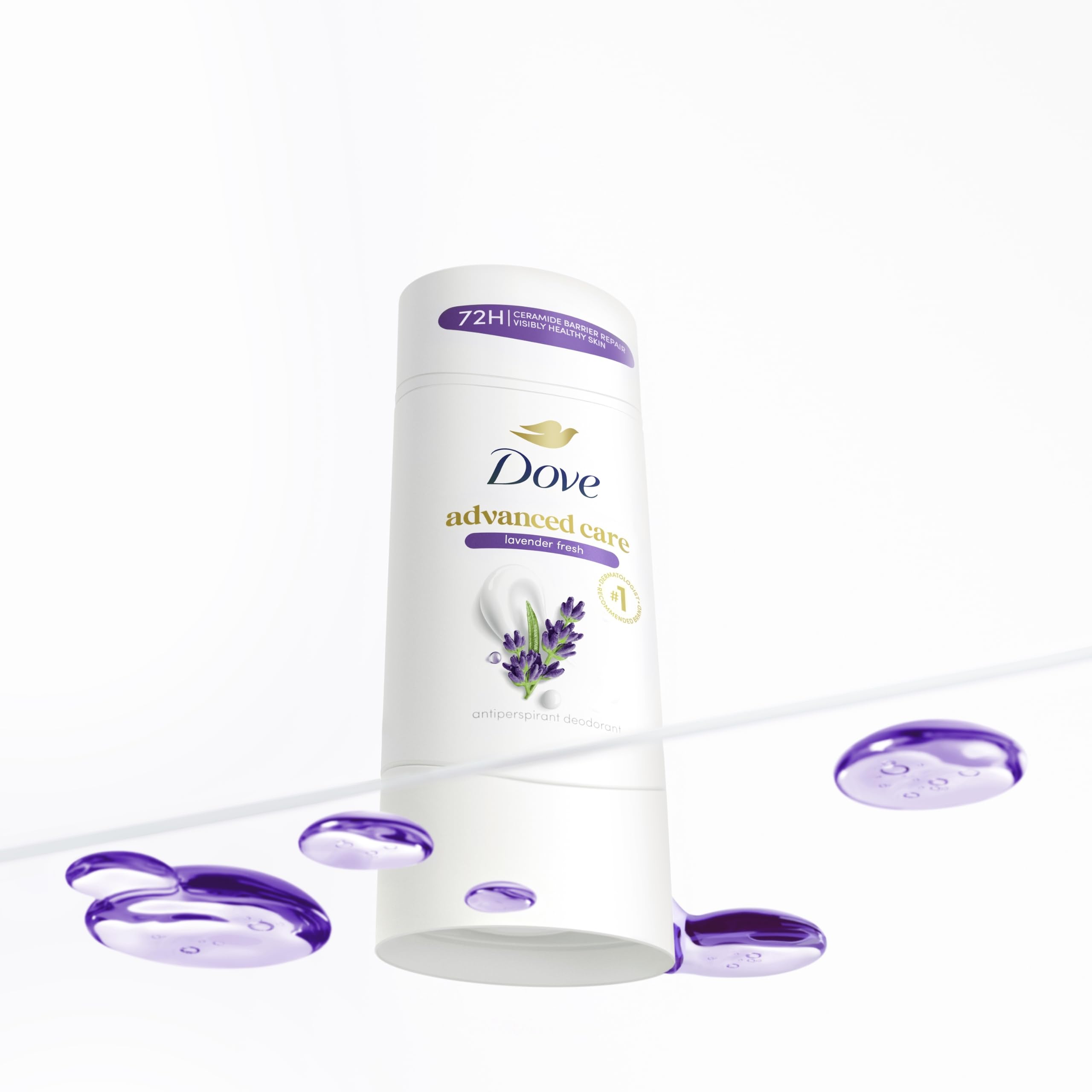 Dove Lavender Fresh next to a ruler showing 2.6 oz size for travel-friendly convenience