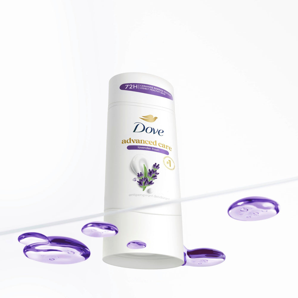 Dove Lavender Fresh next to a ruler showing 2.6 oz size for travel-friendly convenience