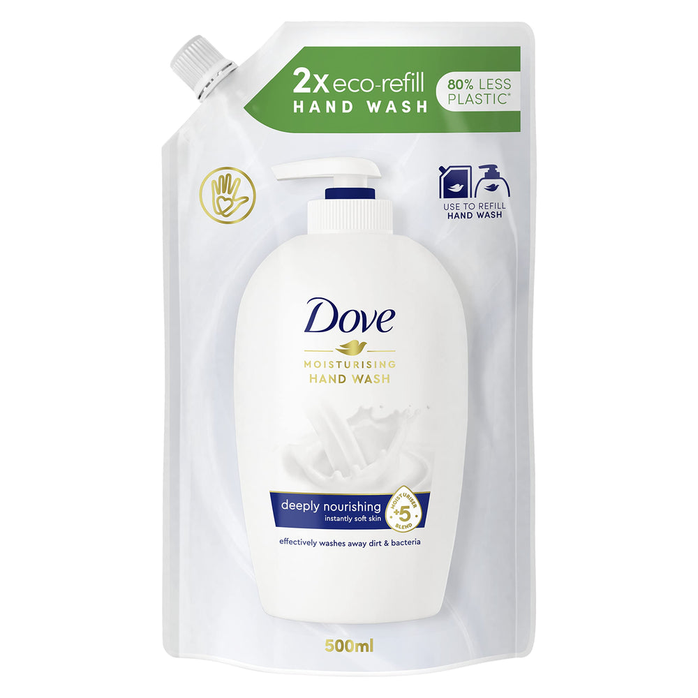 Dove refill pouch front view showing branding and volume benefit