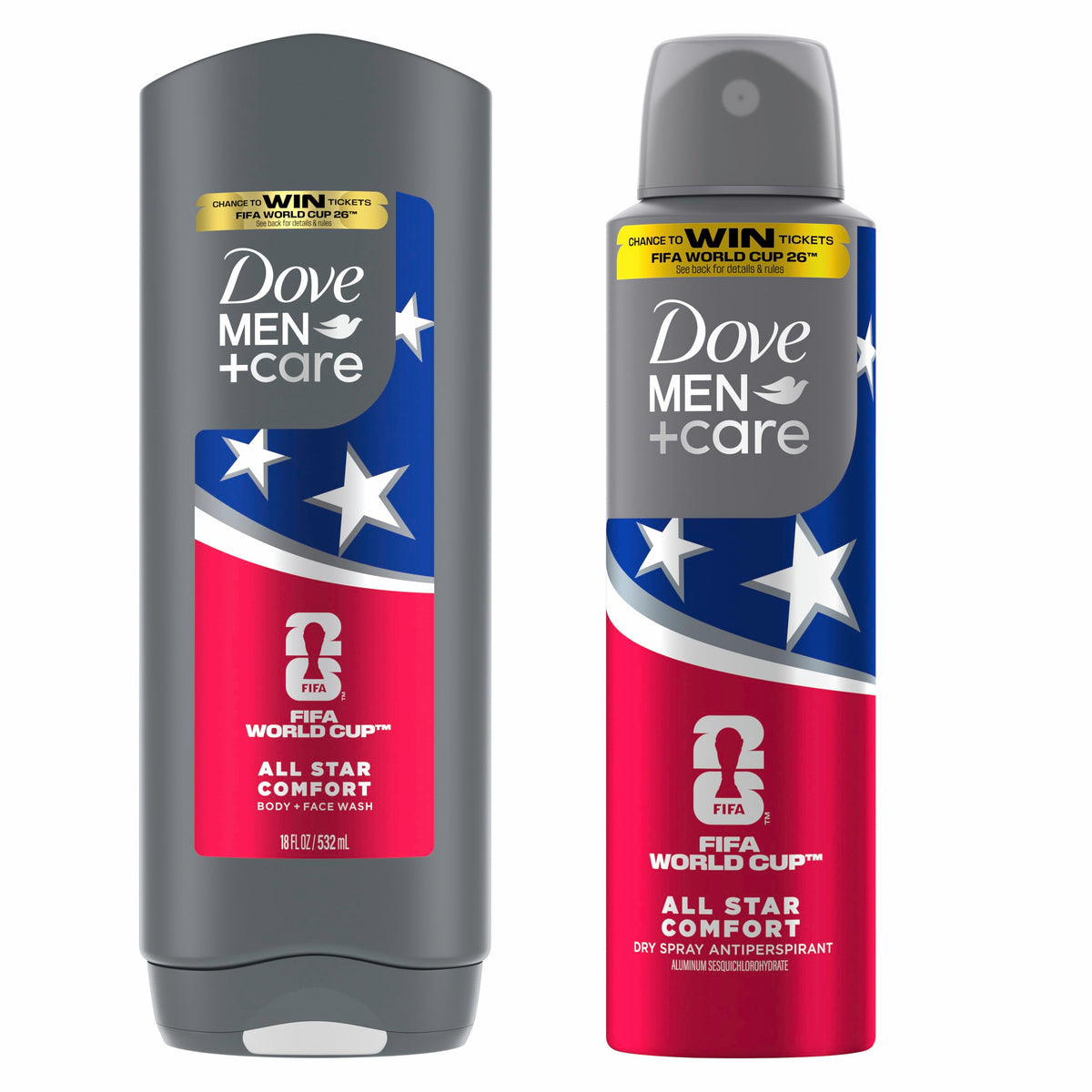 Dove Men+Care front packaging showing both products and limited-edition design benefits