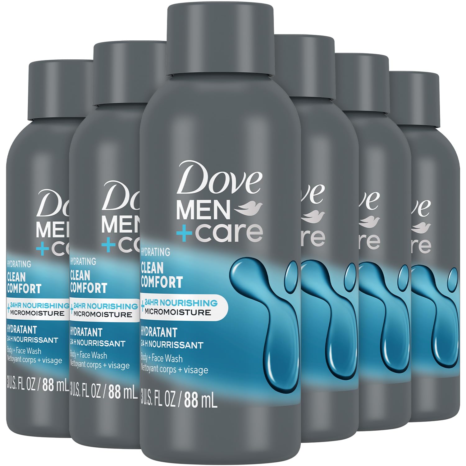 Dove Men+Care front packaging showing six 3 oz bottles for travel convenience and hydration