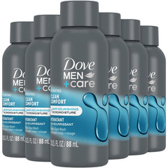 Dove Men+Care front packaging showing six 3 oz bottles for travel convenience and hydration