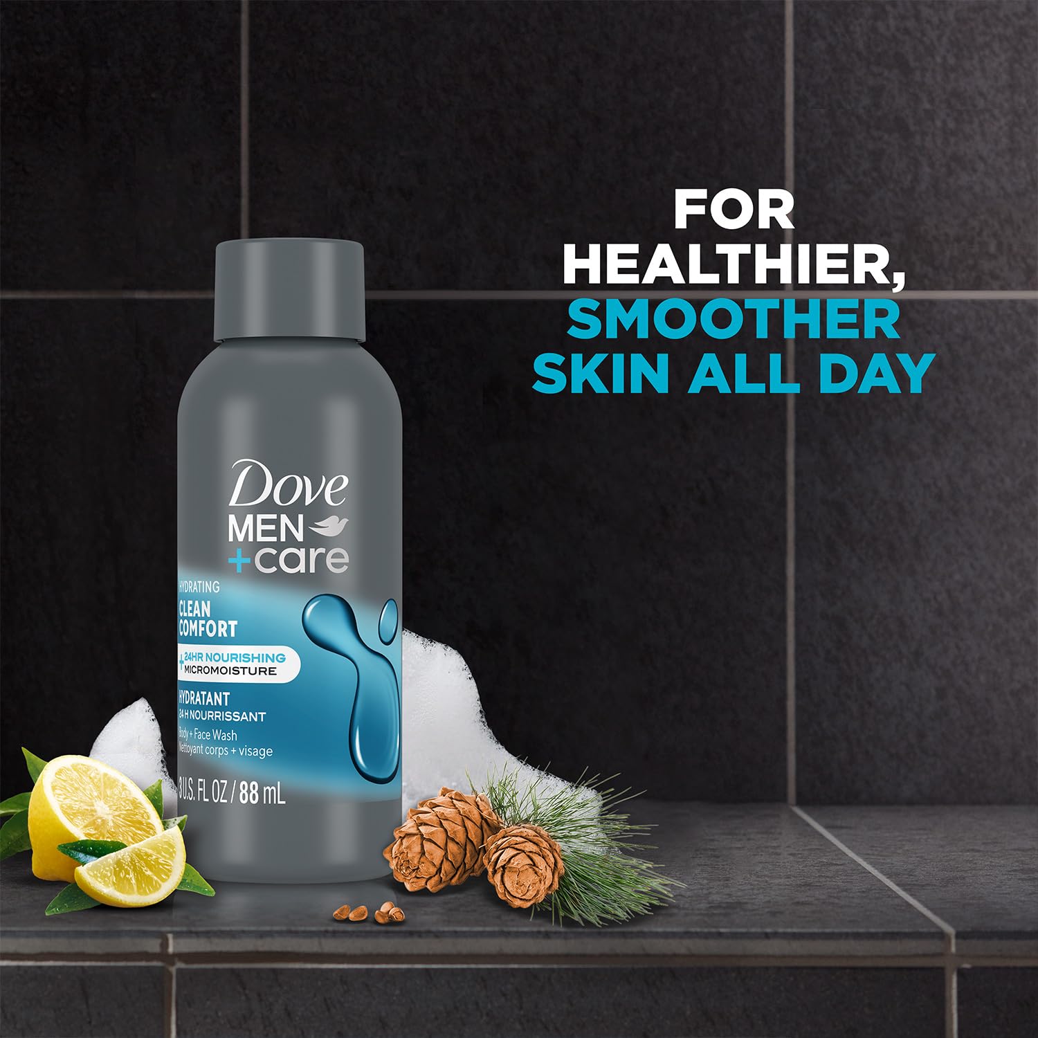 Dove Men+Care in-shower use illustrating lather and gentle cleansing for face and body