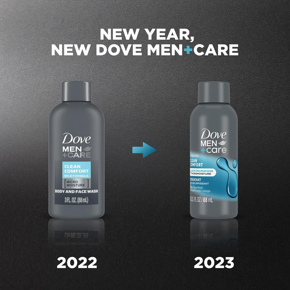 Dove Men+Care beside a passport and toiletries showing TSA-compliant 3 oz travel size