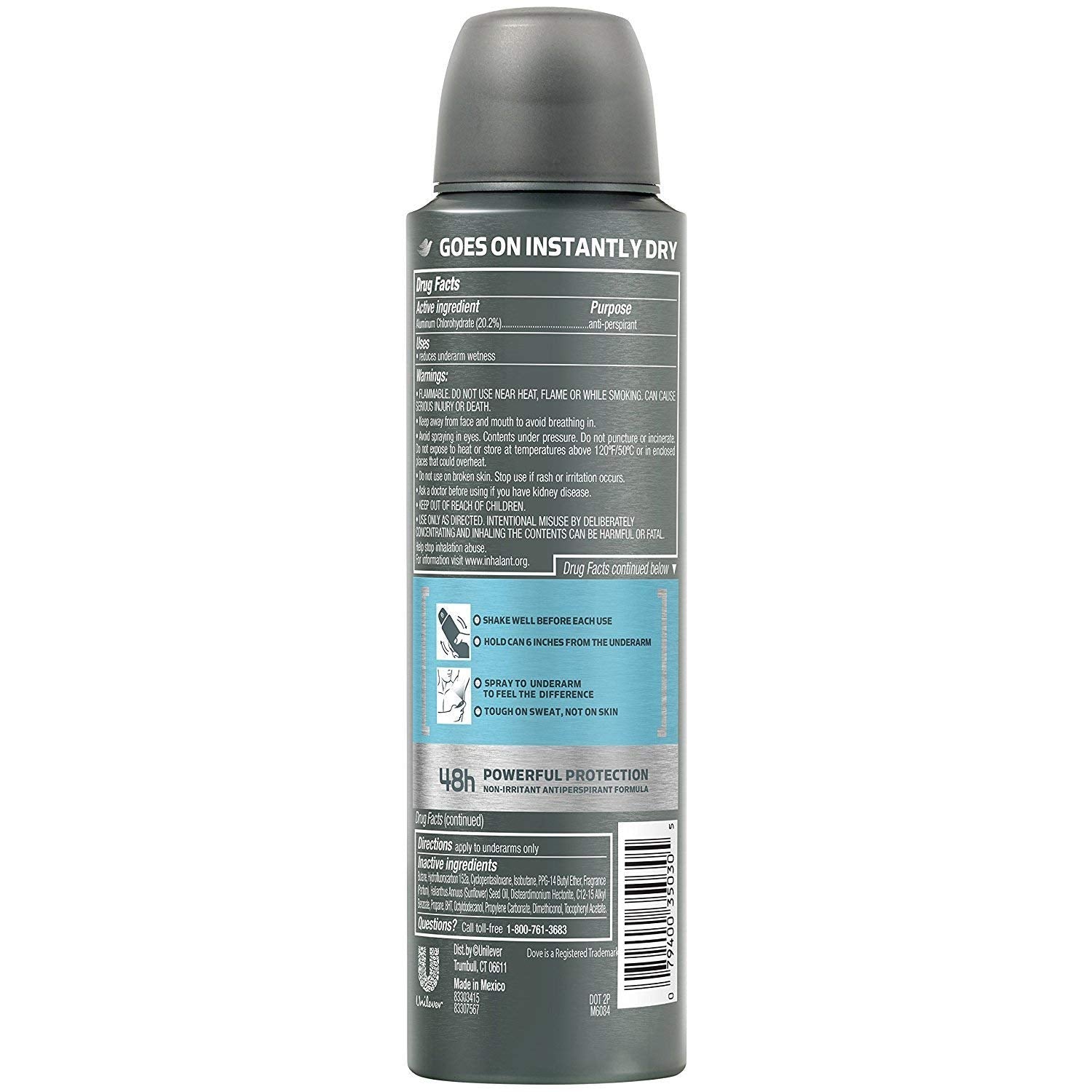 Dove Men + Care spray pattern close-up demonstrating instant dry finish