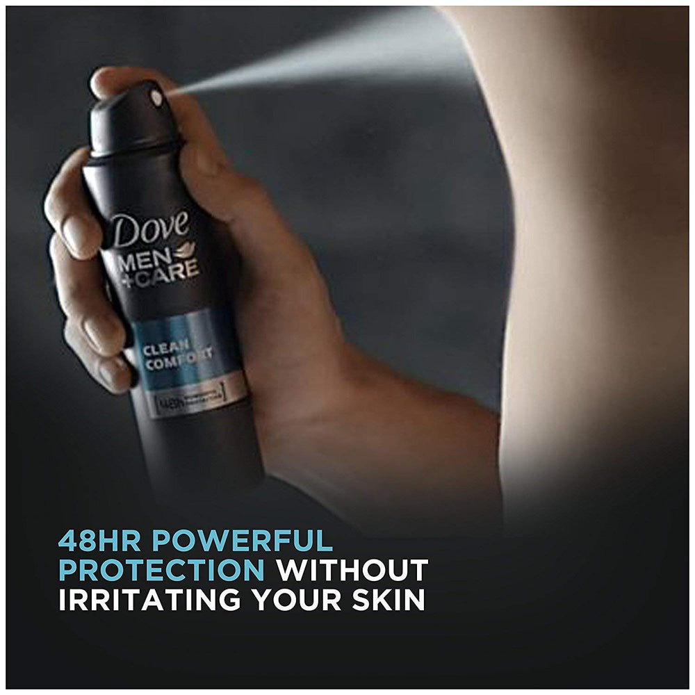 Three-pack of Dove Men + Care clean comfort cans showing long-lasting supply