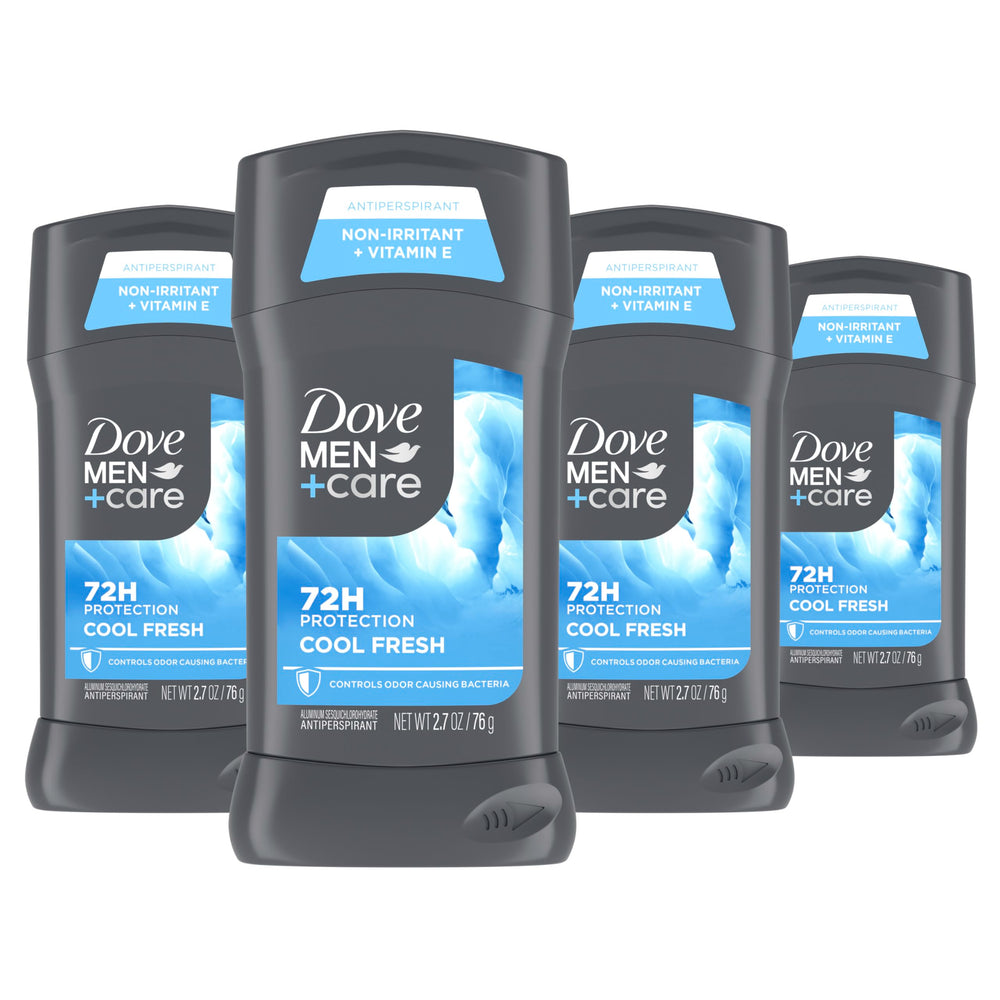 Dove Men+Care front packaging showing four sticks for long-lasting protection