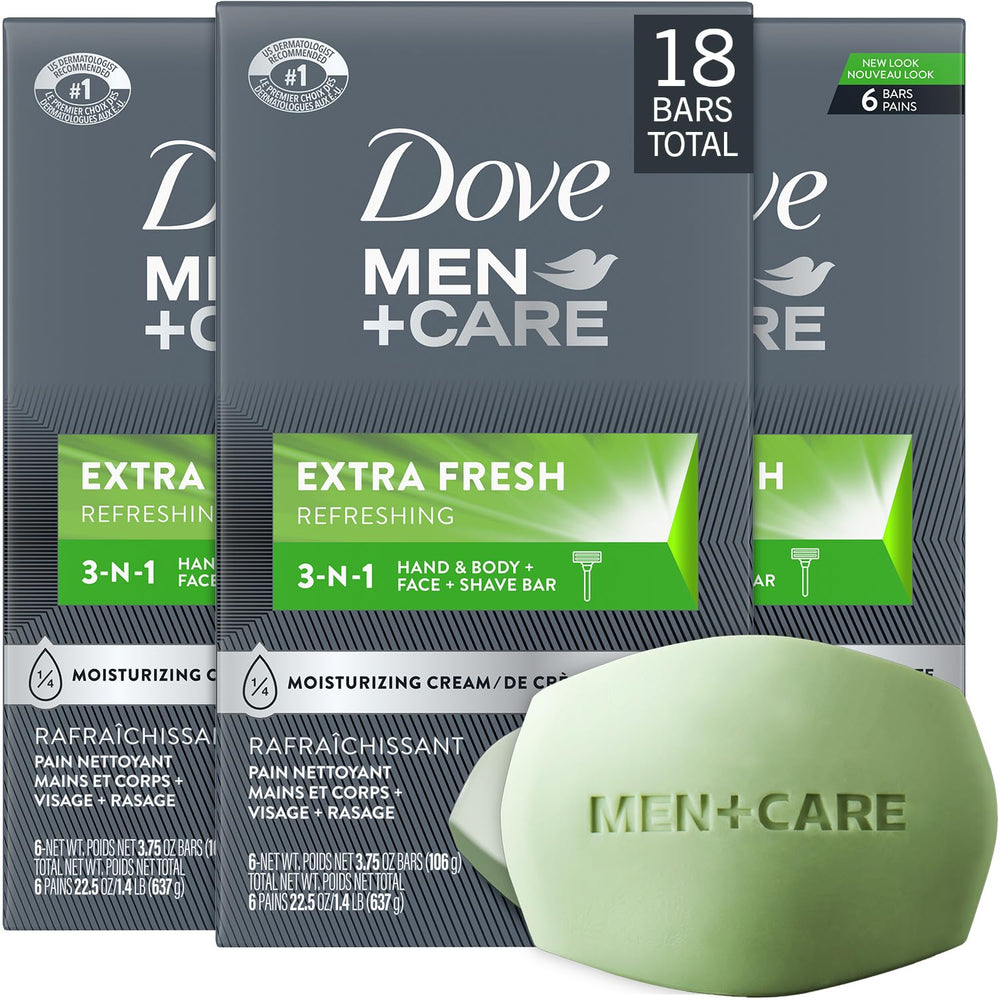 Dove Men+Care front packaging showing bulk 18 bar pack for convenience