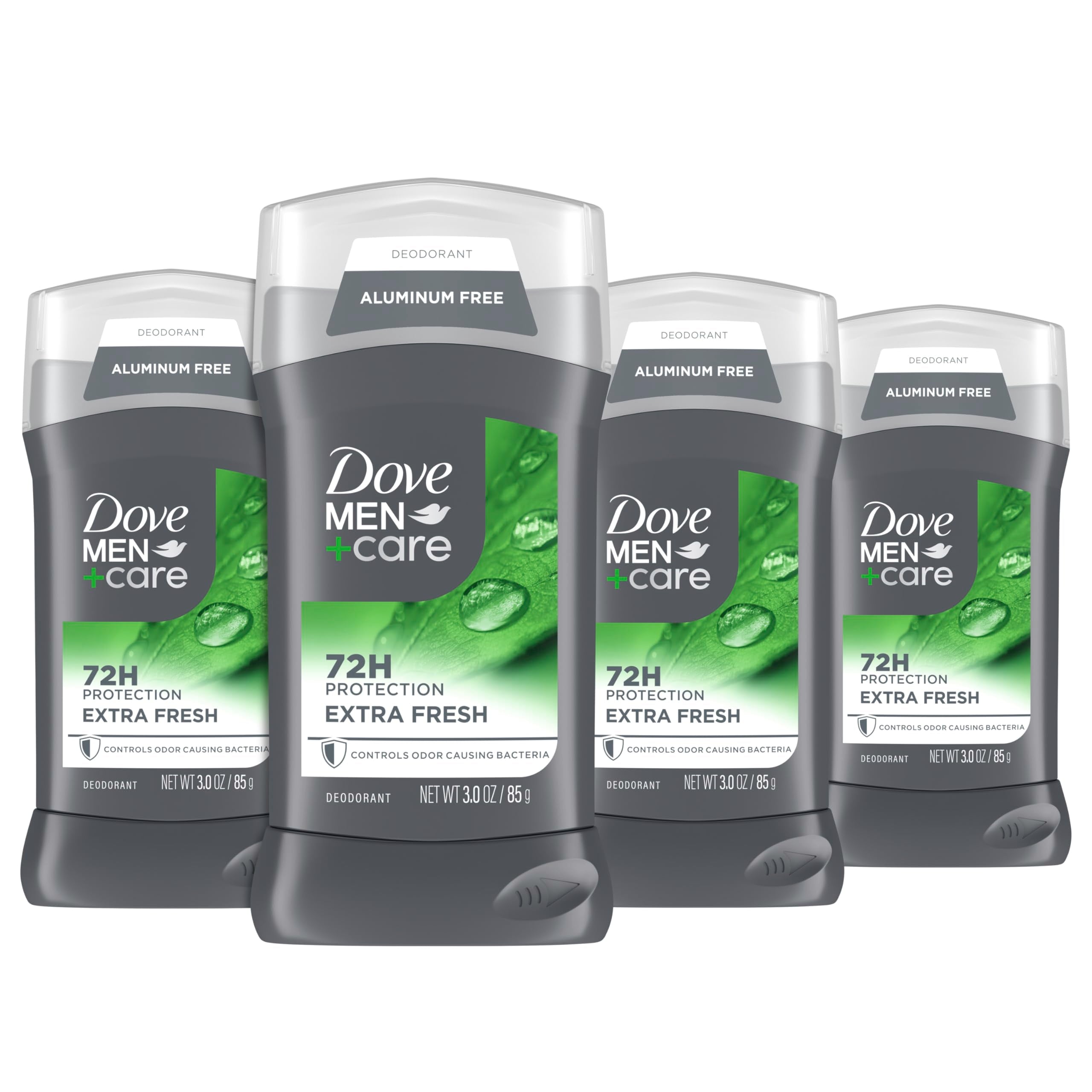 DOVE MEN+CARE front packaging showing four 3 oz sticks and brand benefit