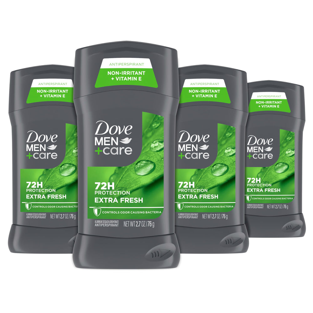 DOVE MEN + CARE front packaging showing four sticks and brand benefit
