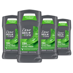 DOVE MEN + CARE front packaging showing four sticks and brand benefit