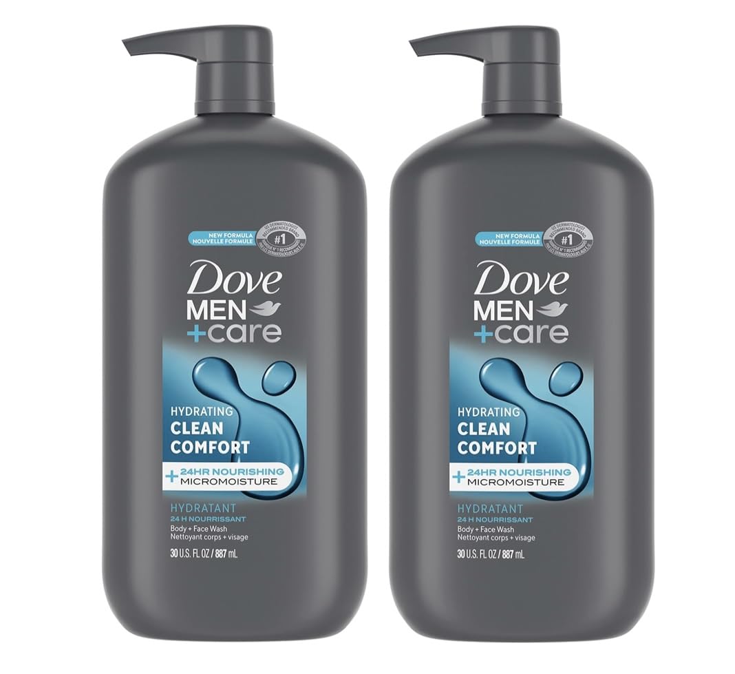 Dove Men+Care front packaging showing two 30 oz bottles and clear product benefits