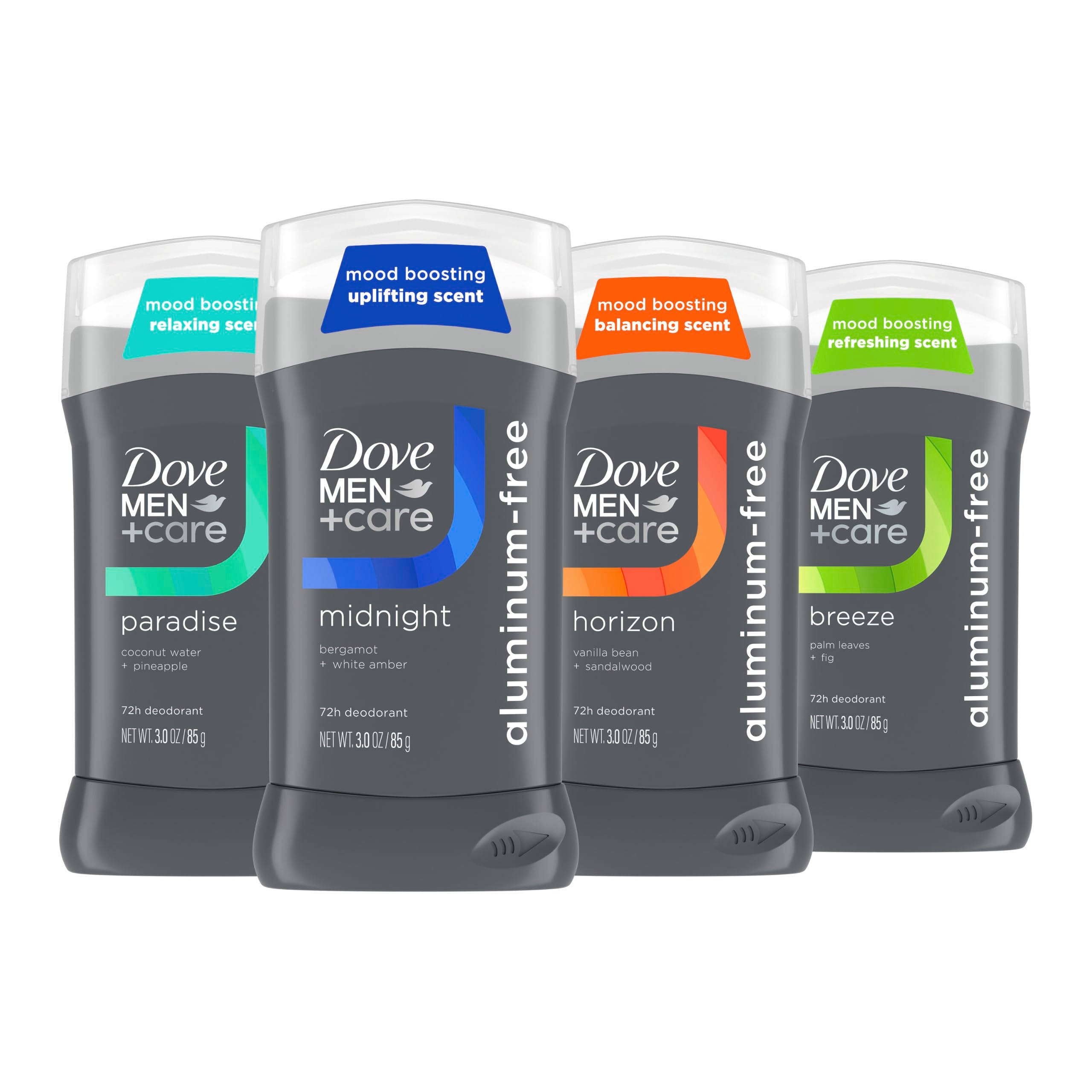 Dove Men+Care pack front showing four scent labels and clear protection benefits