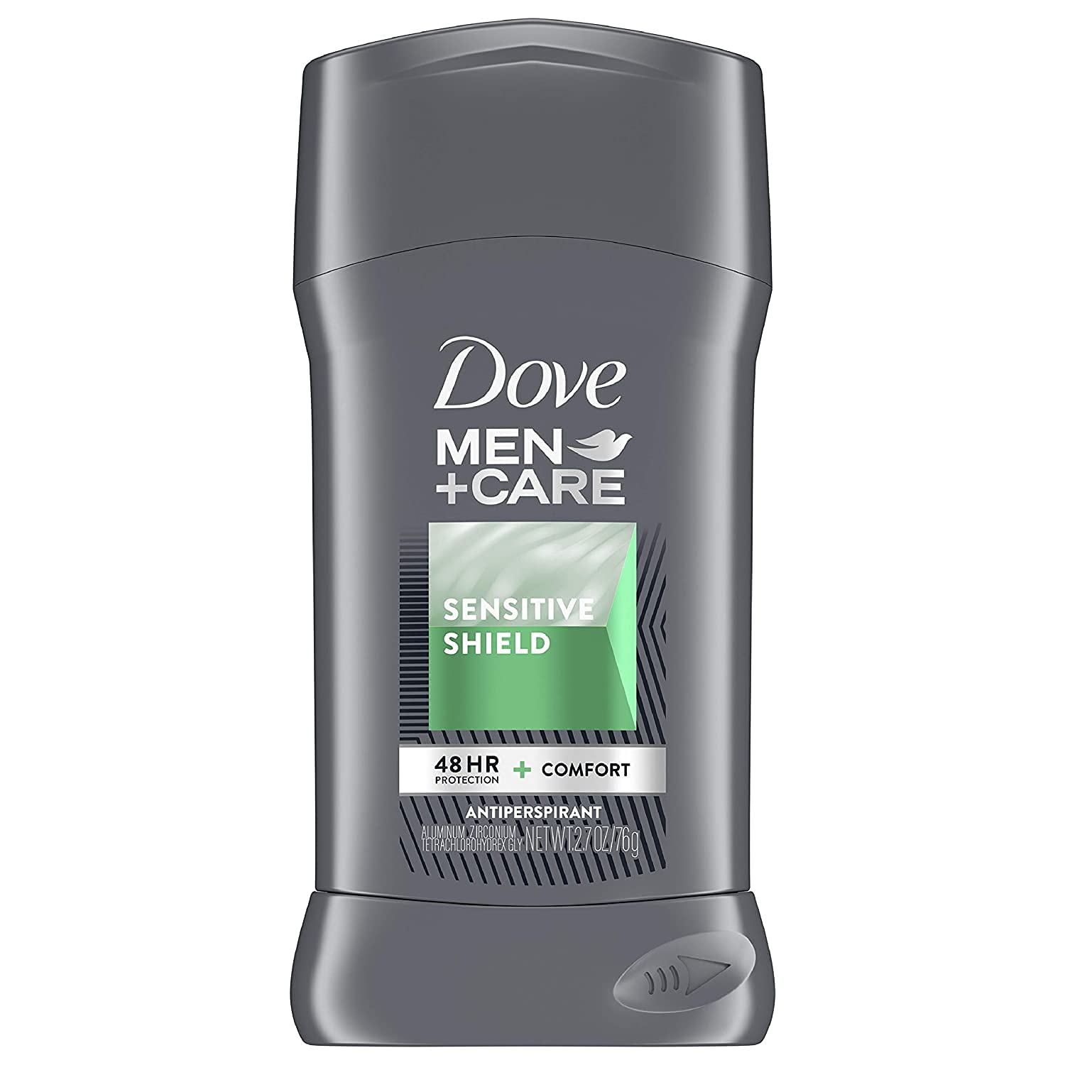 Dove Men+Care Sensitive Shield stick front view showing label and size, gentle protection