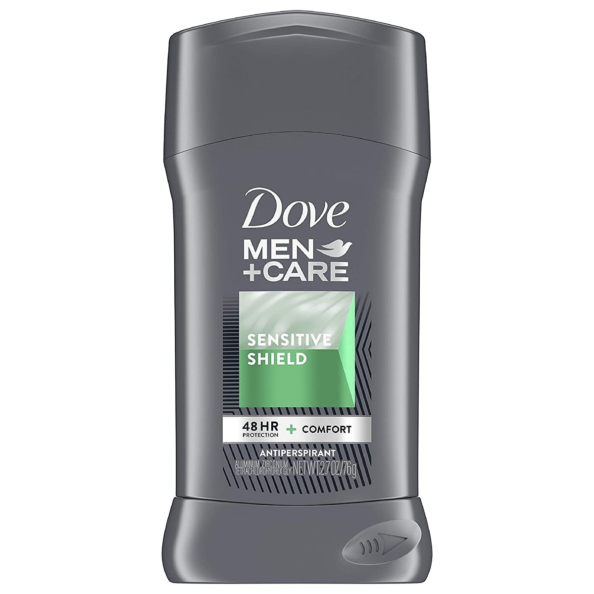 Dove Men+Care Sensitive Shield stick front view showing label and size, gentle protection