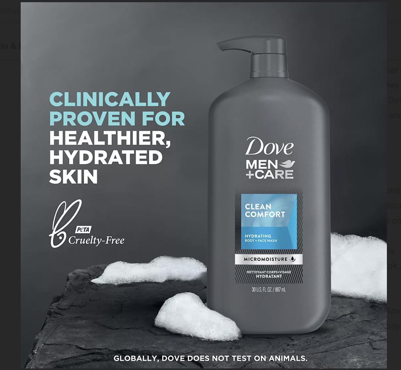 Dove Men+Care foam texture on hand illustrating gentle hydration and lather