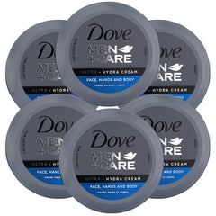 Dove Men+Care front packaging showing compact hydration jars and clear branding benefit