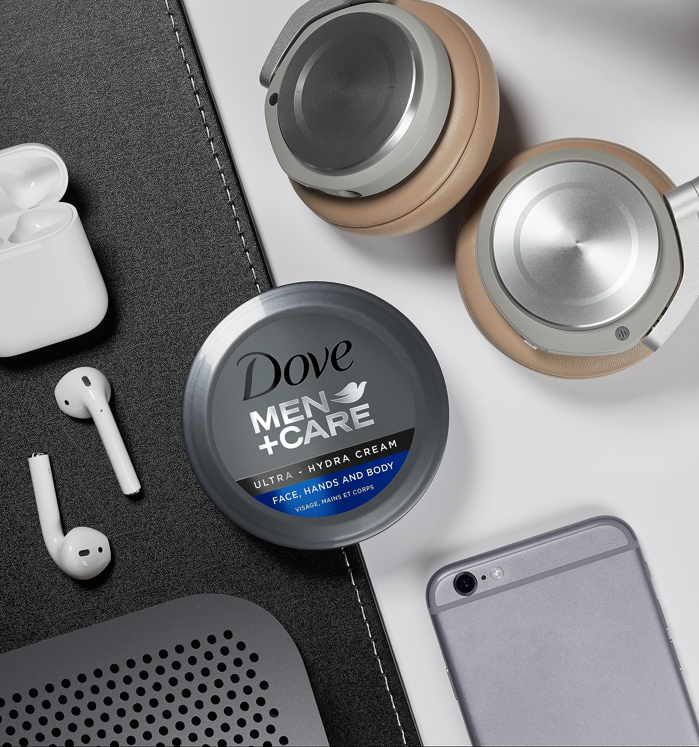 Dove Men+Care jar on bathroom counter in lifestyle scene promoting daily grooming routine