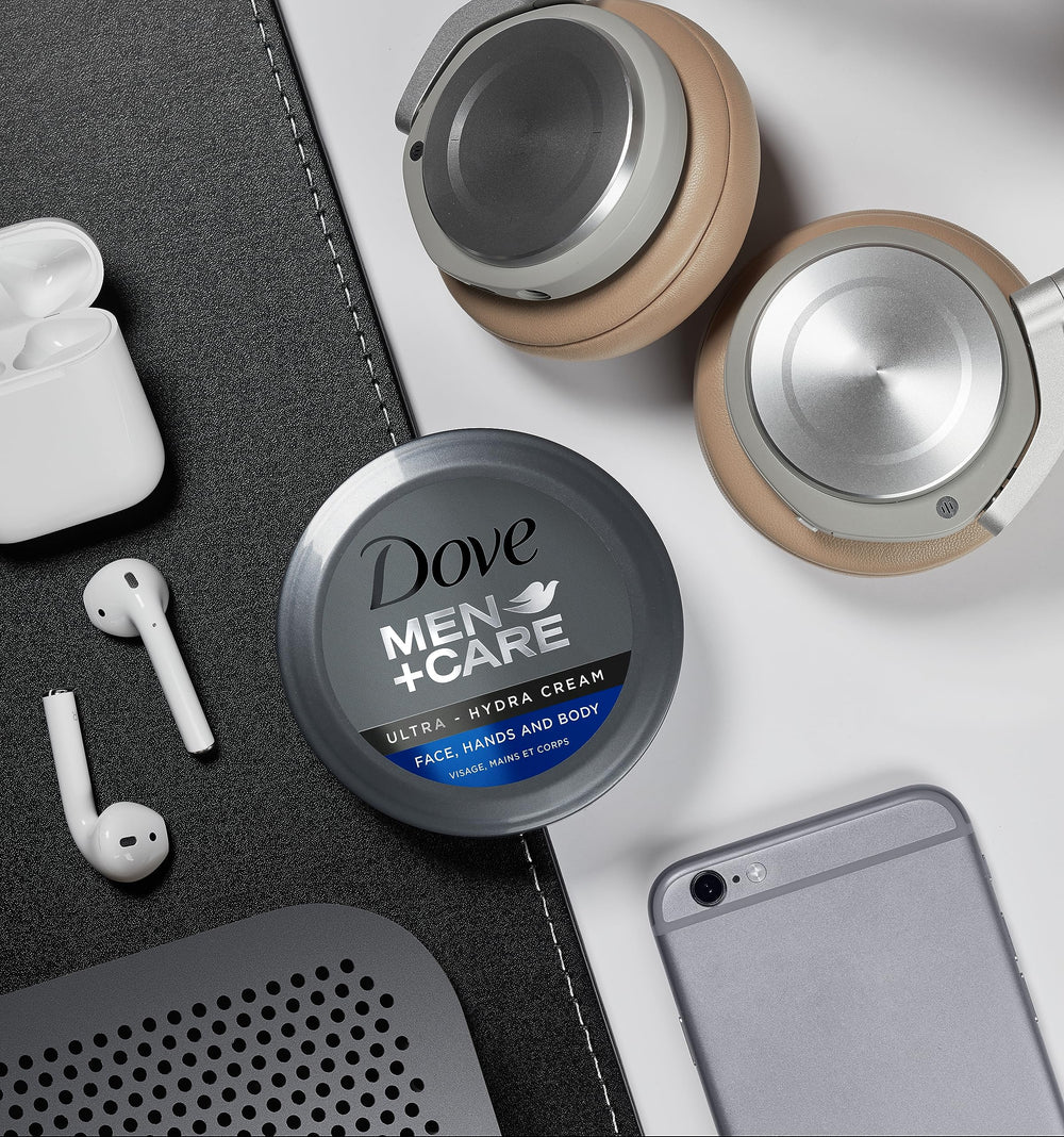 Dove Men+Care jar on bathroom counter in lifestyle scene promoting daily grooming routine