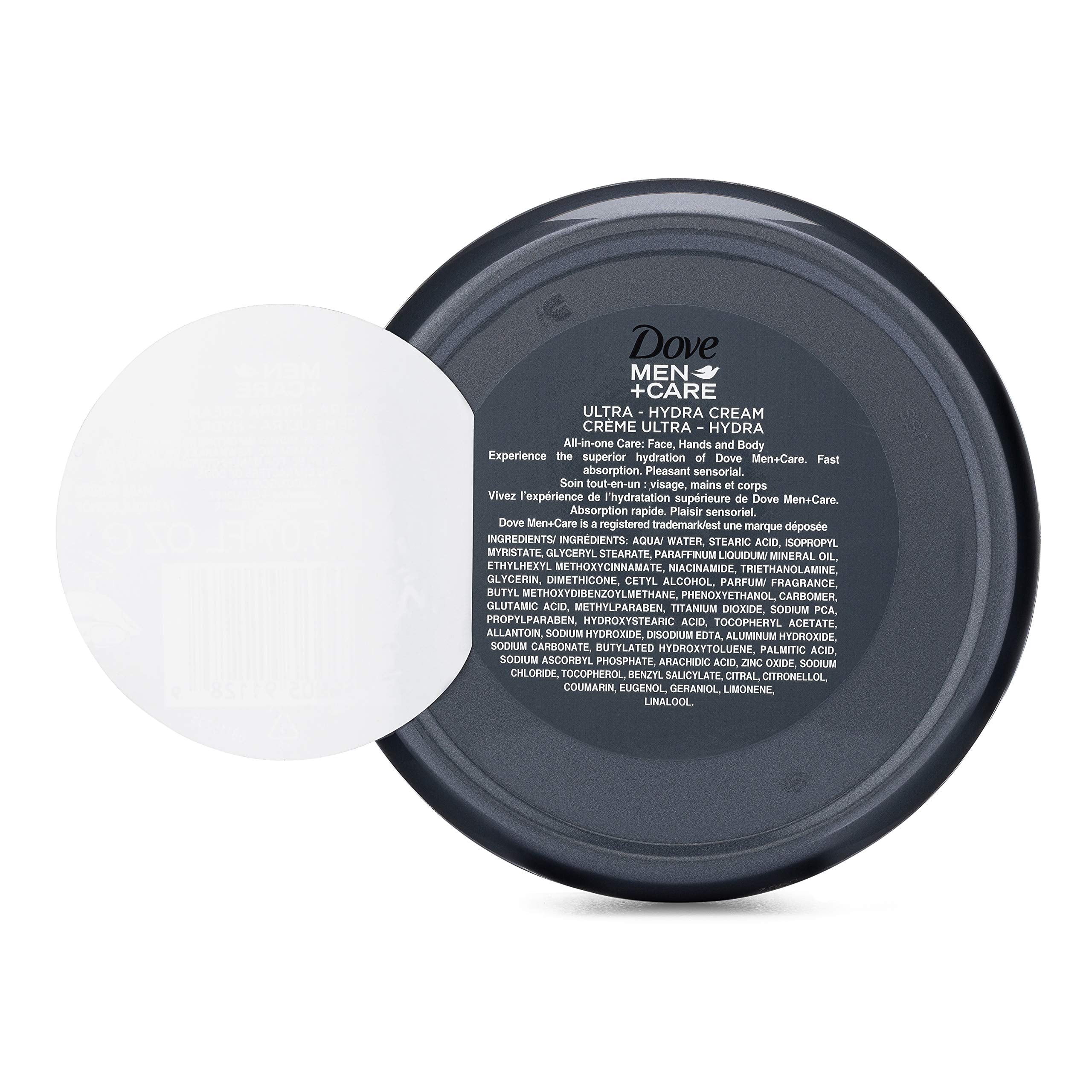 Dove Men+Care open jar showing creamy texture that absorbs quickly for fast hydration