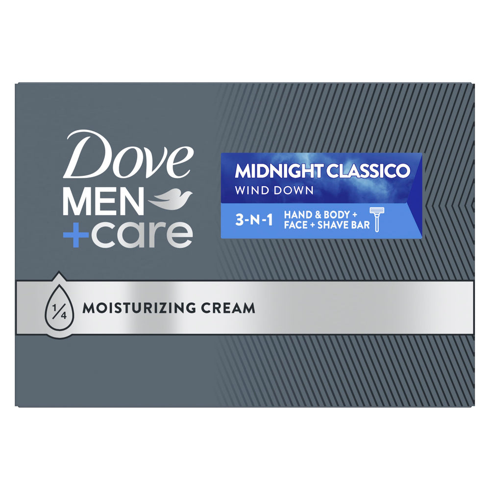 DOVE MEN + CARE front packaging showing 10-count bars and clear product benefit