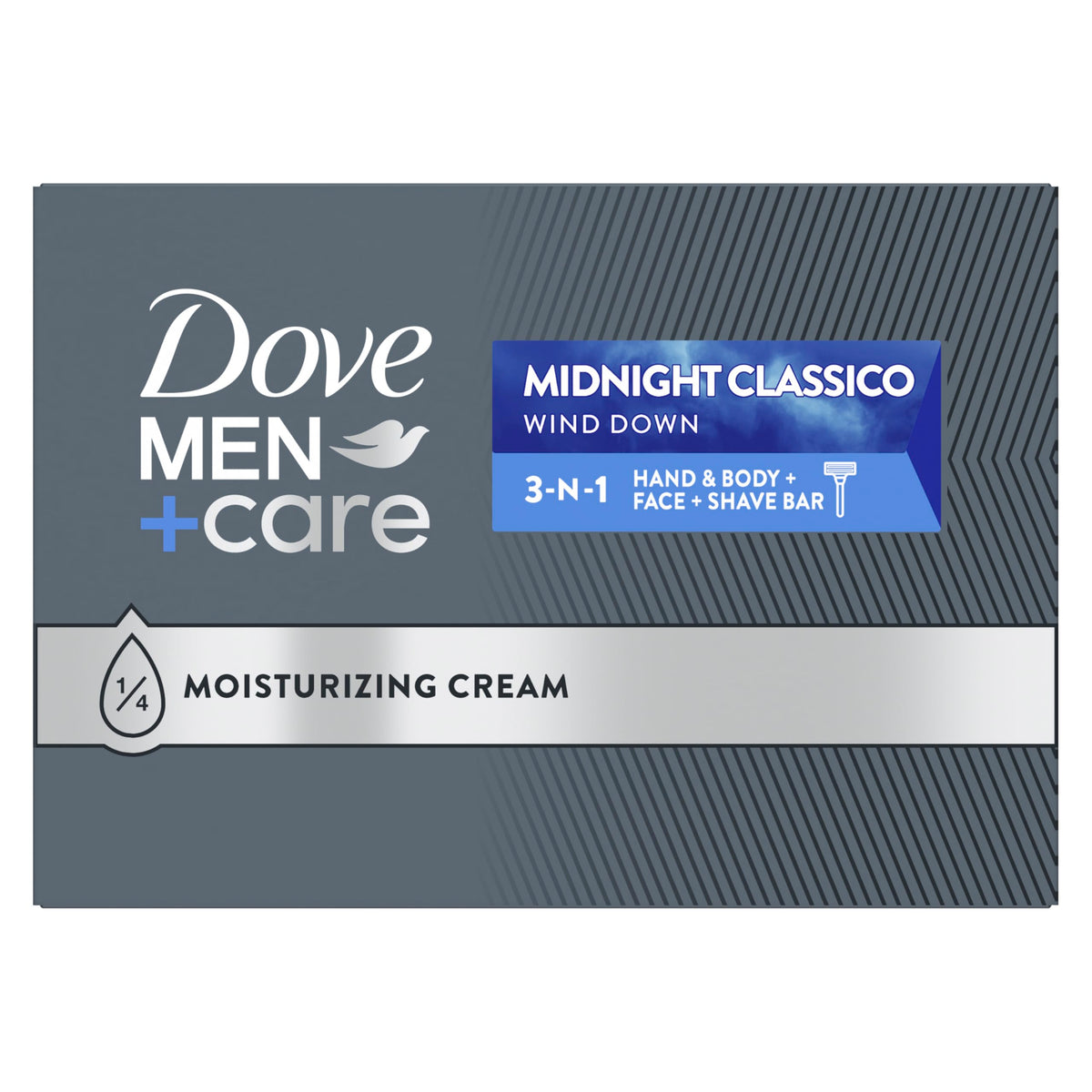 DOVE MEN + CARE front packaging showing 10-count bars and clear product benefit