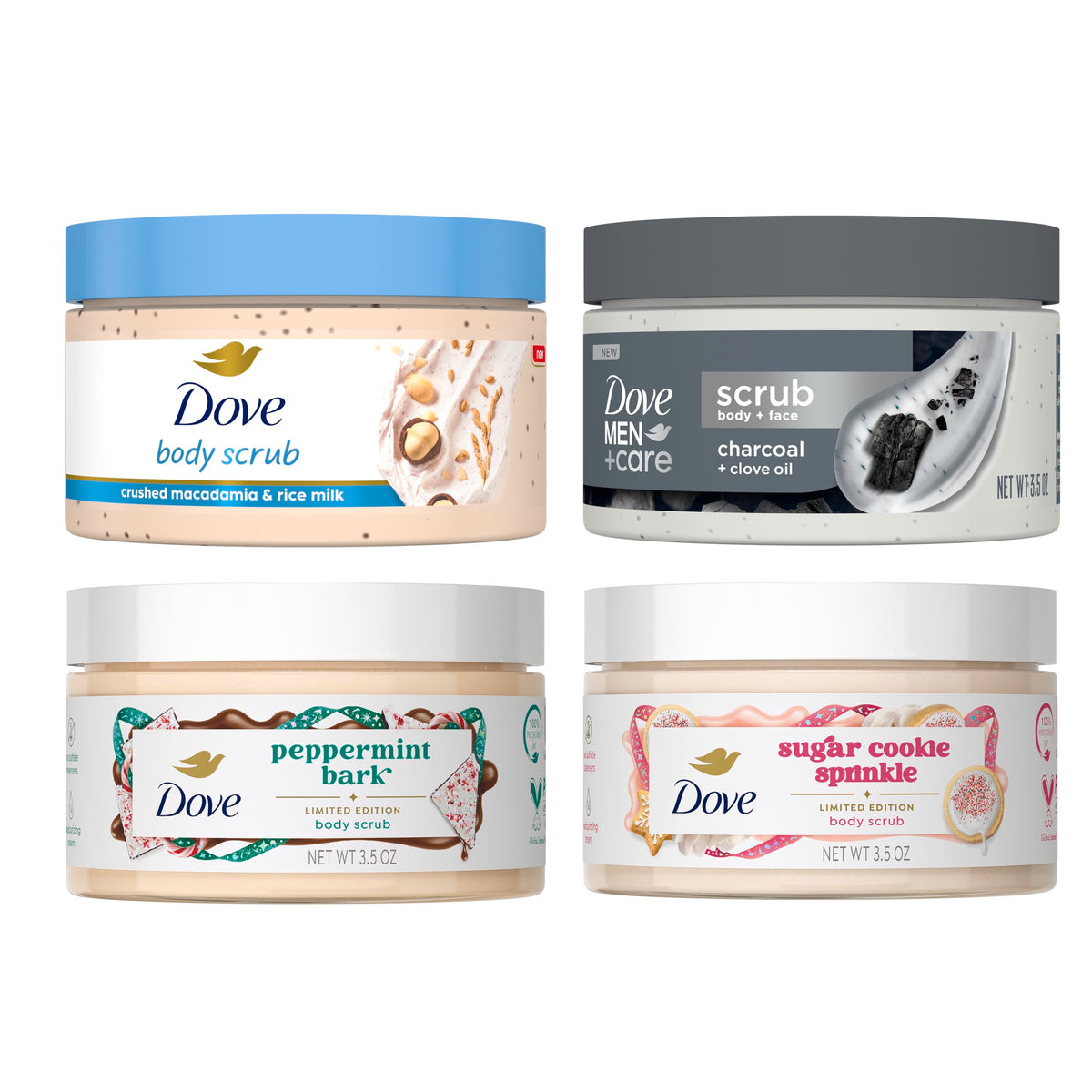 Dove mini body scrub front packaging showing festive jars and benefit of gentle exfoliation
