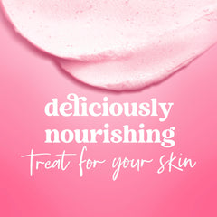 Dove mini scrub open jar top view showing cream base and benefit of nourishing exfoliation