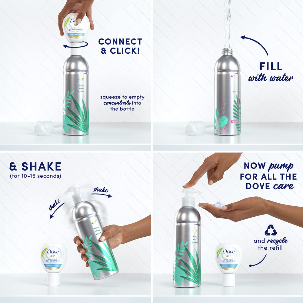 Dove concentrate being mixed into reusable bottle for eco savings