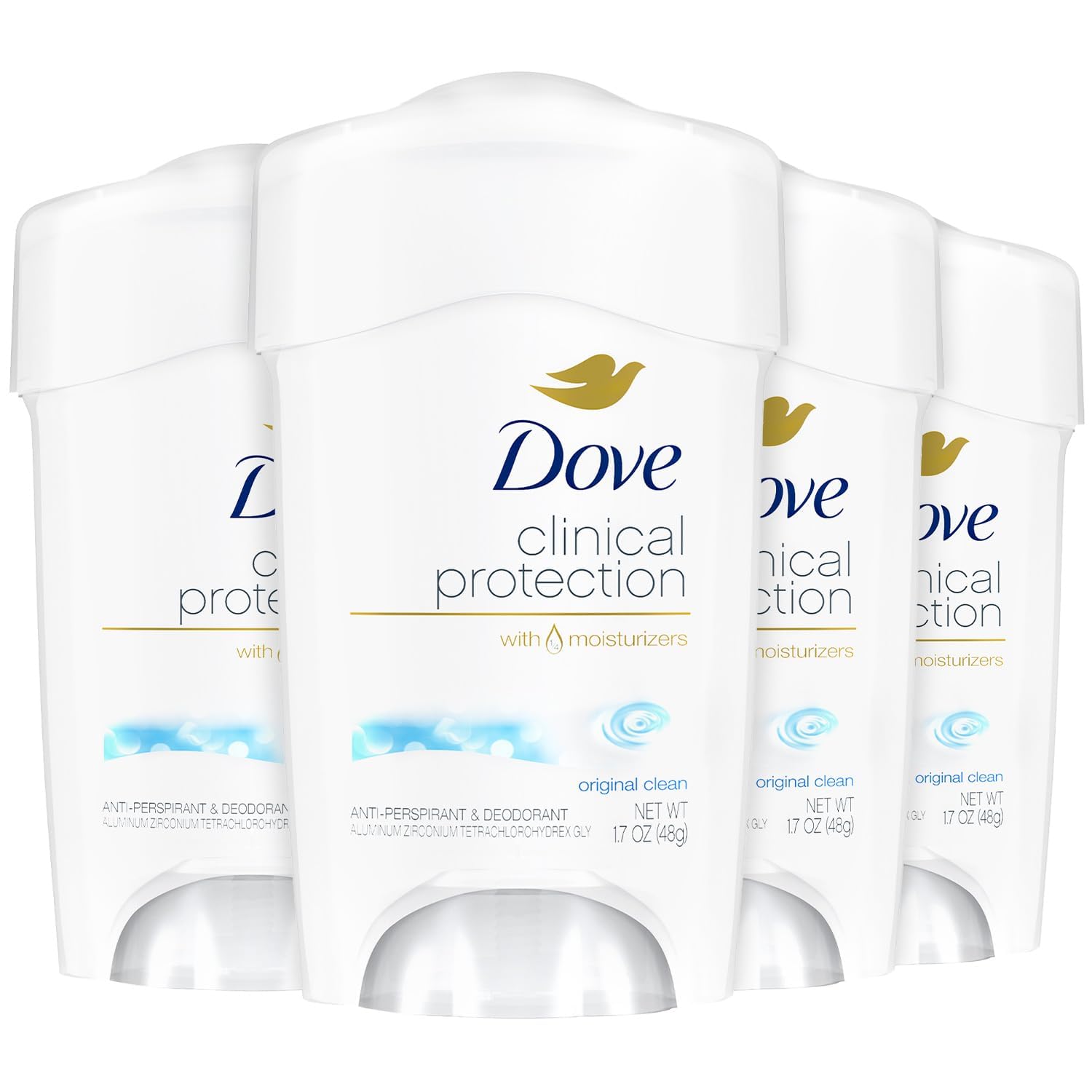 Dove front packaging showing Original Clean 4-pack and clear benefits