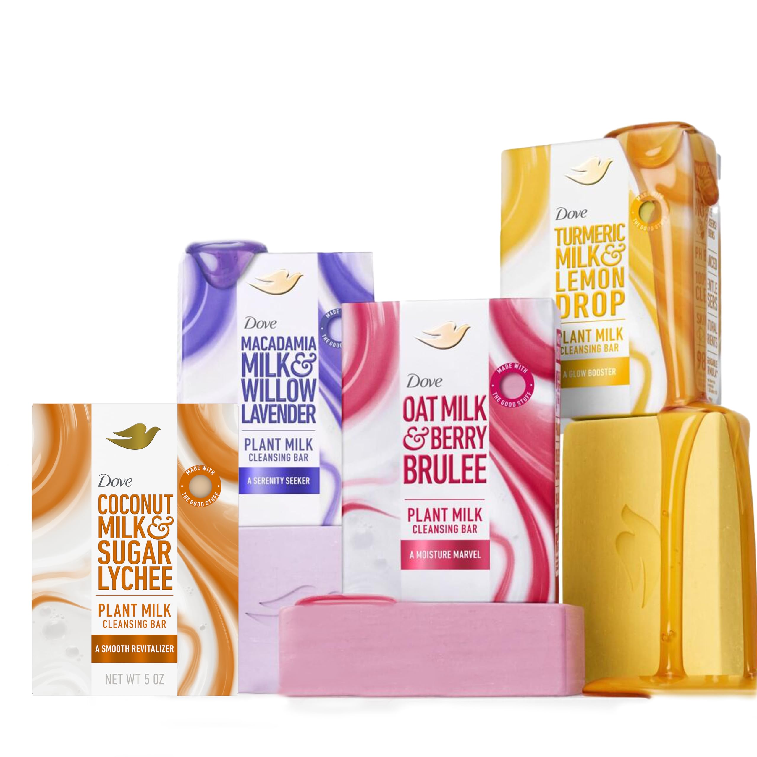 Dove plant milk variety pack front view showing four bars and benefits