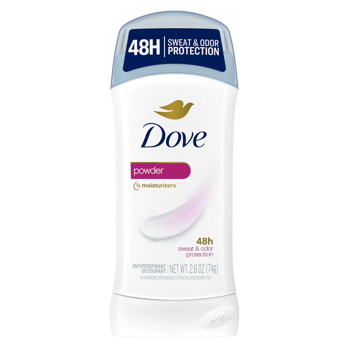 Dove front packaging showing product name and powder scent benefit