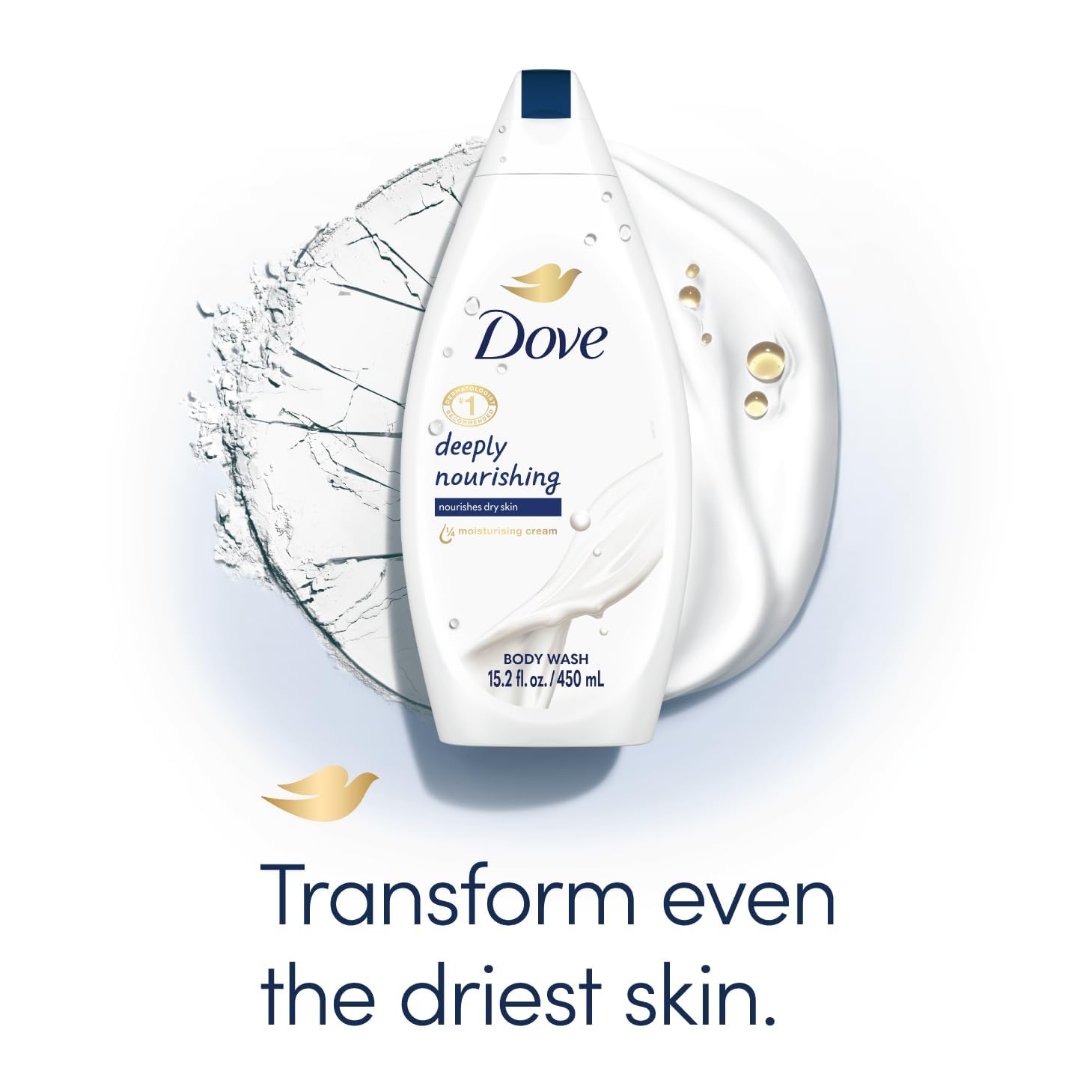 Dove pump bottle label detail highlighting moisturizing formula