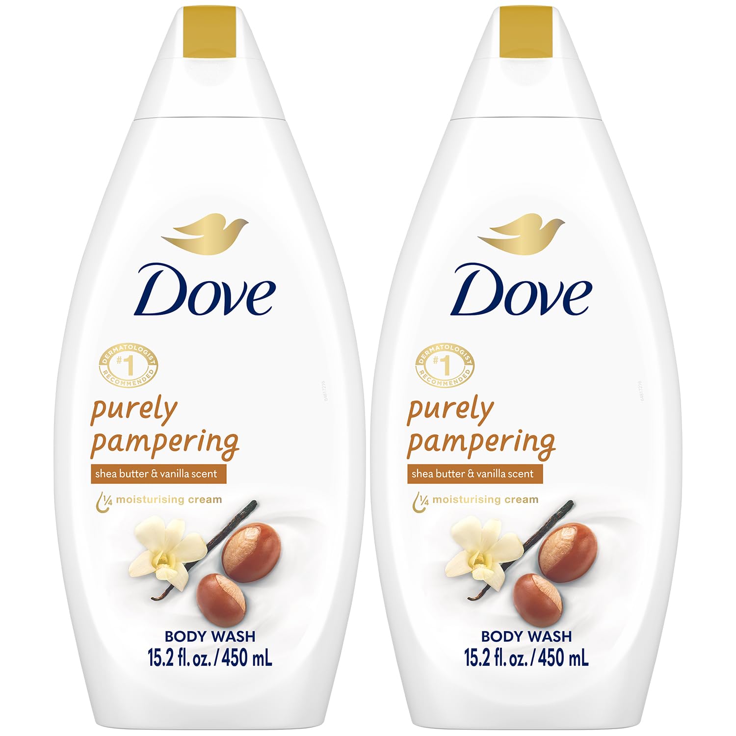 Dove front packaging of Purely Pampering 2-pack showing bottles and label, gentle hydration benefit