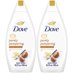 Dove front packaging of Purely Pampering 2-pack showing bottles and label, gentle hydration benefit