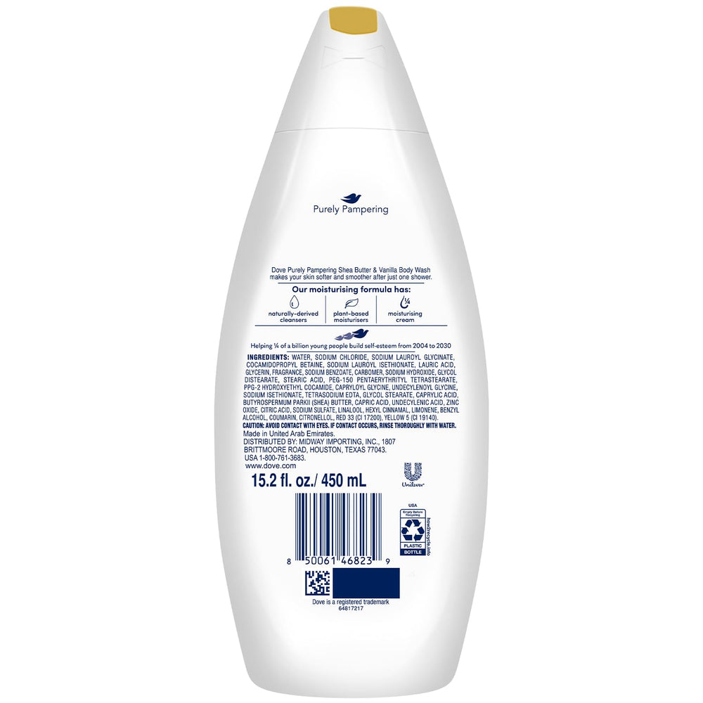 Dove pump close-up on Purely Pampering bottle, easy dispensing for quick showers benefit