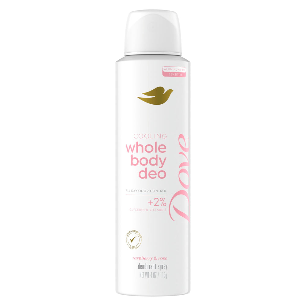 Dove raspberry & rose front packaging showing cooling spray and scent