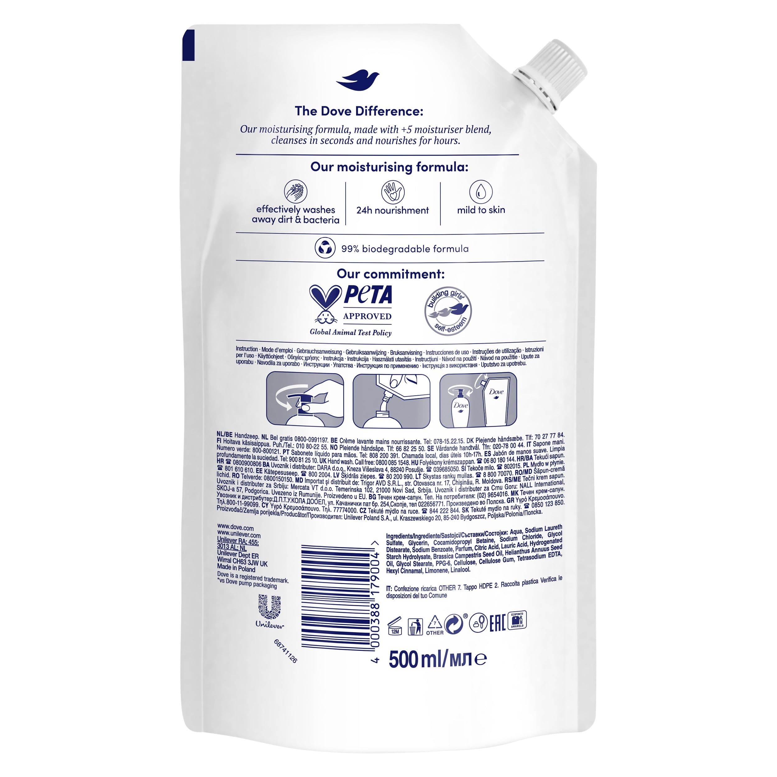 Dove pouring refill into pump bottle for easy, mess-free top-up