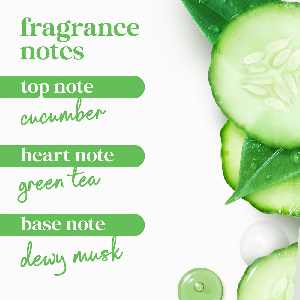 Cucumber and green tea elements near Dove bottle indicating fresh natural scent benefit