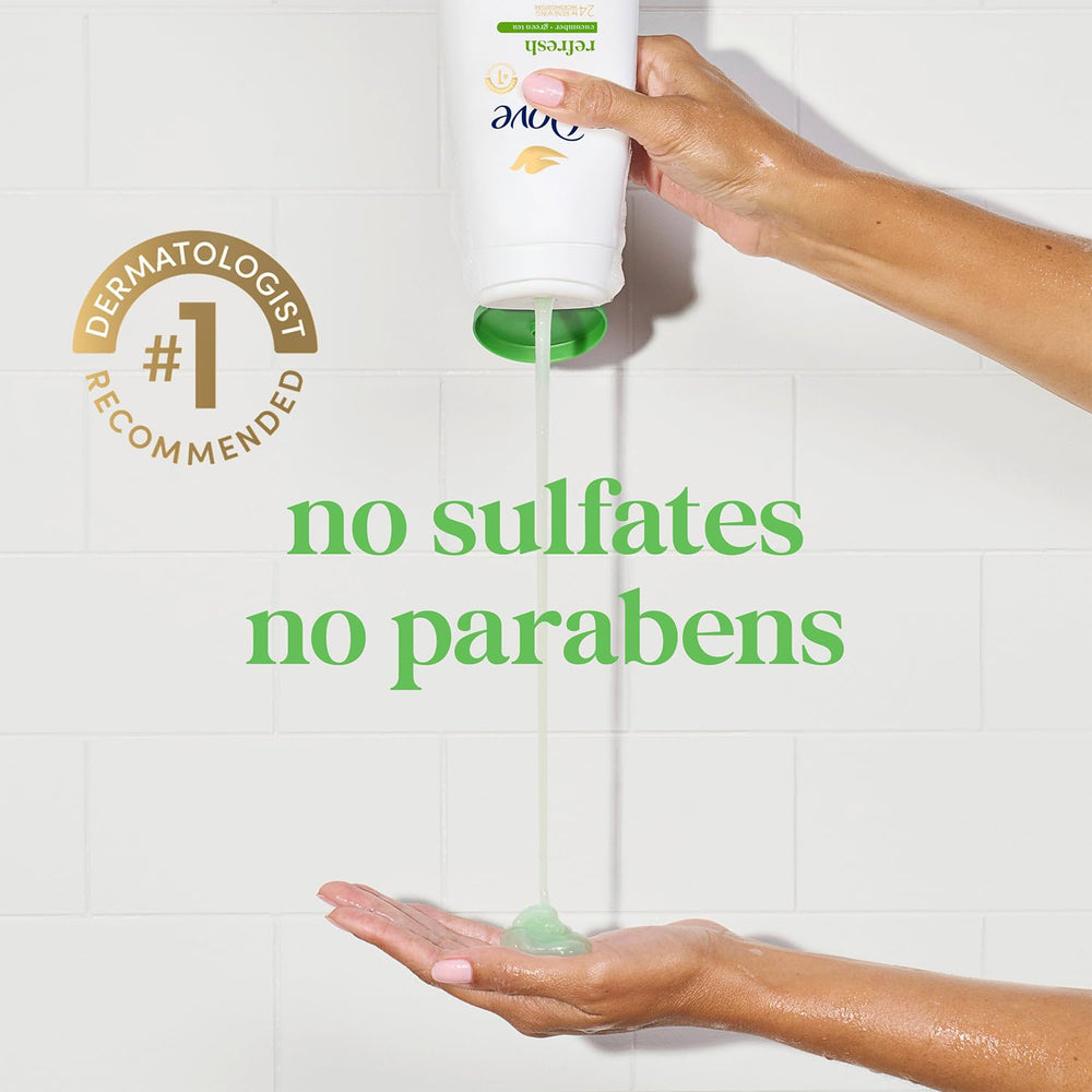 Dove bottle next to ruler showing 11 oz size and portable shower-friendly benefit