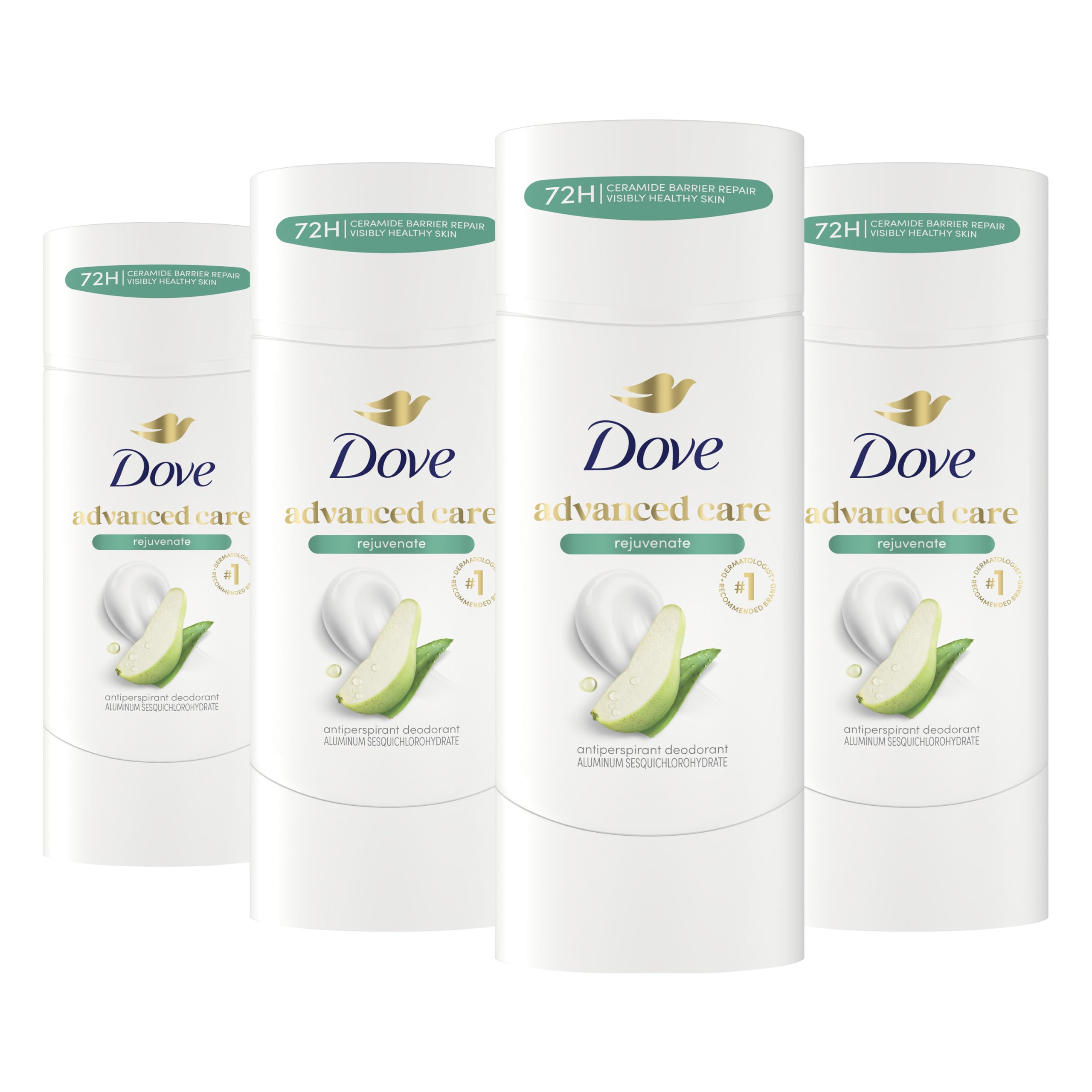 Dove Advanced Care front-facing stick showing label and pear scent benefit