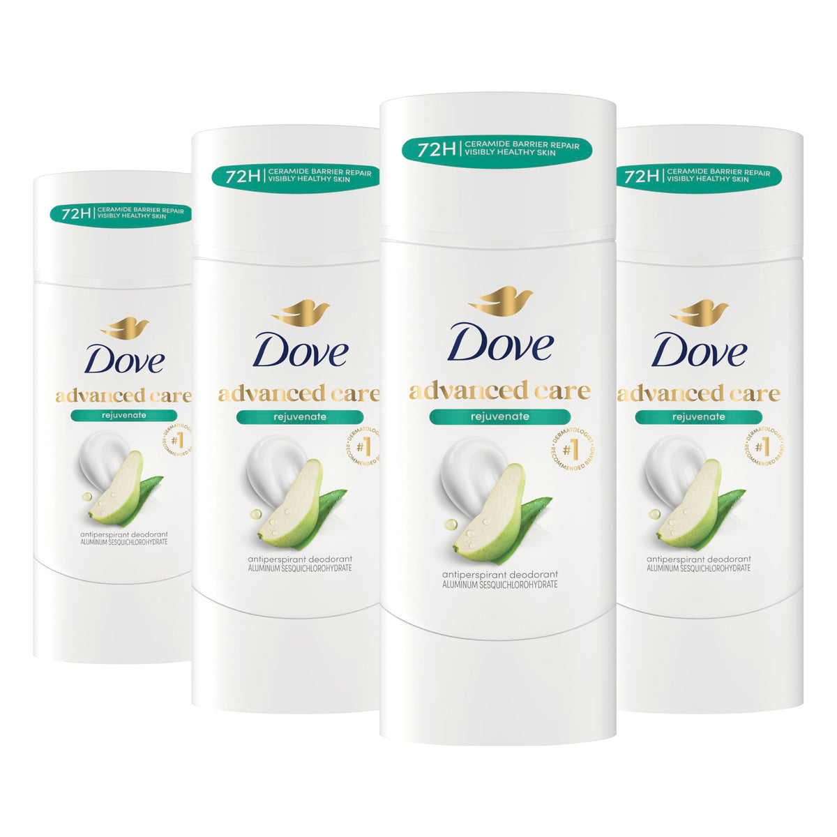 Dove Advanced Care front-facing stick showing label and pear scent benefit