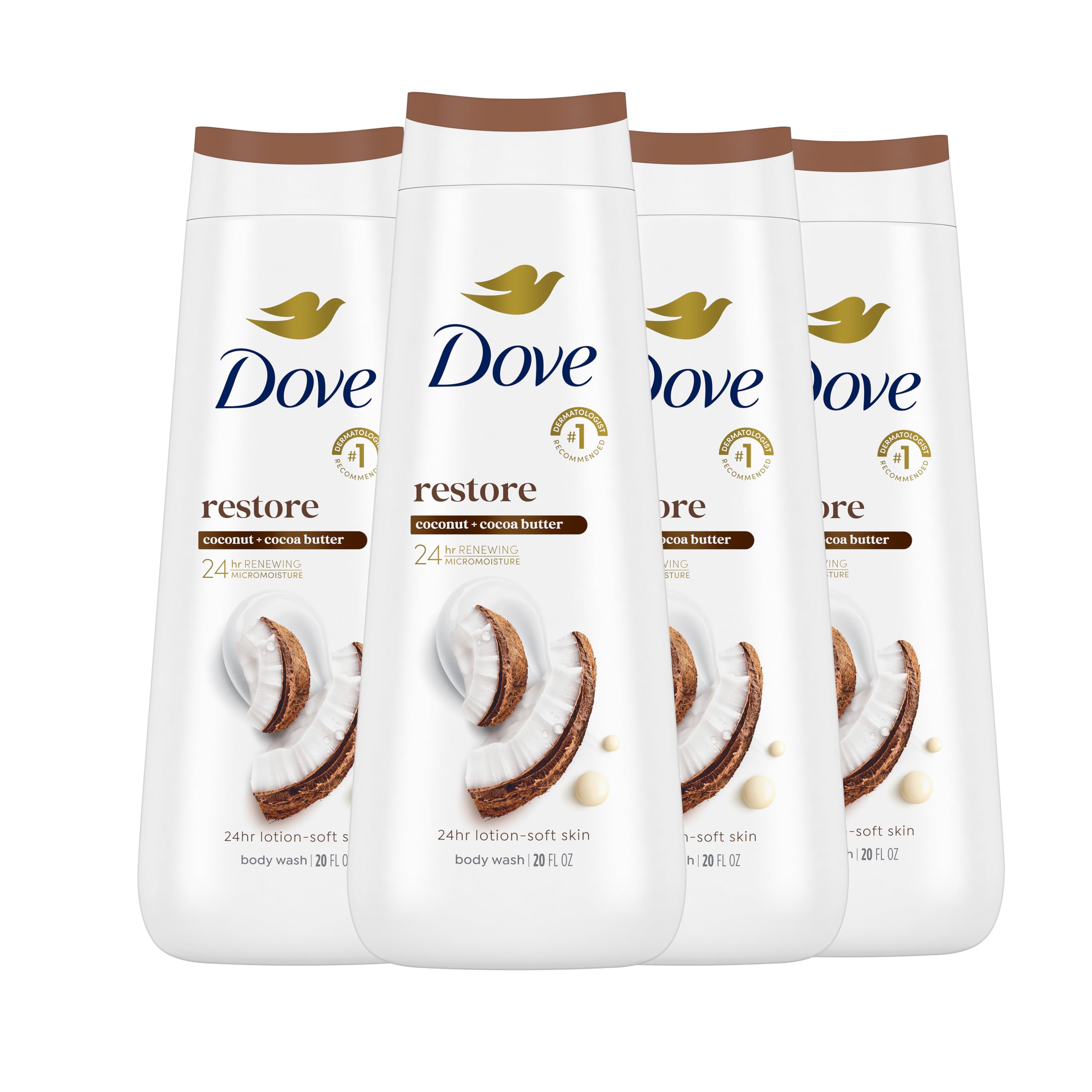 Dove restoring coconut & cocoa butters front packaging shows nourishing benefits