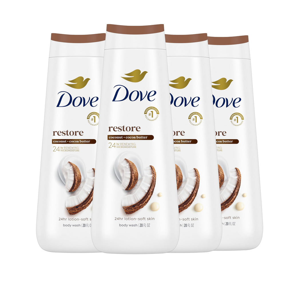 Dove restoring coconut & cocoa butters front packaging shows nourishing benefits