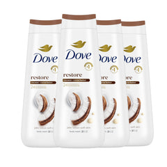 Dove restoring coconut & cocoa butters front packaging shows nourishing benefits