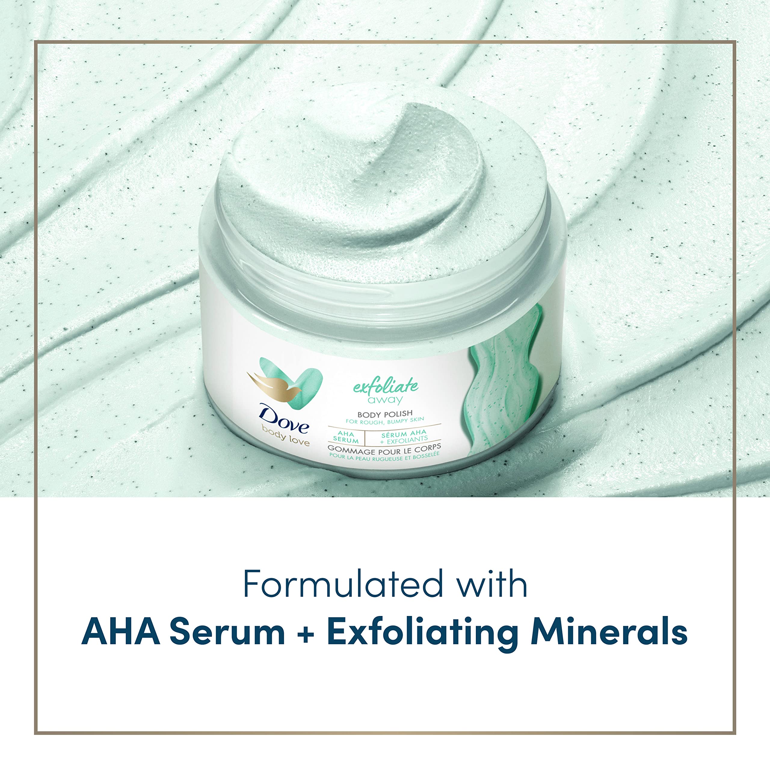 Dove scrub on hand being applied to skin for nourishing exfoliation